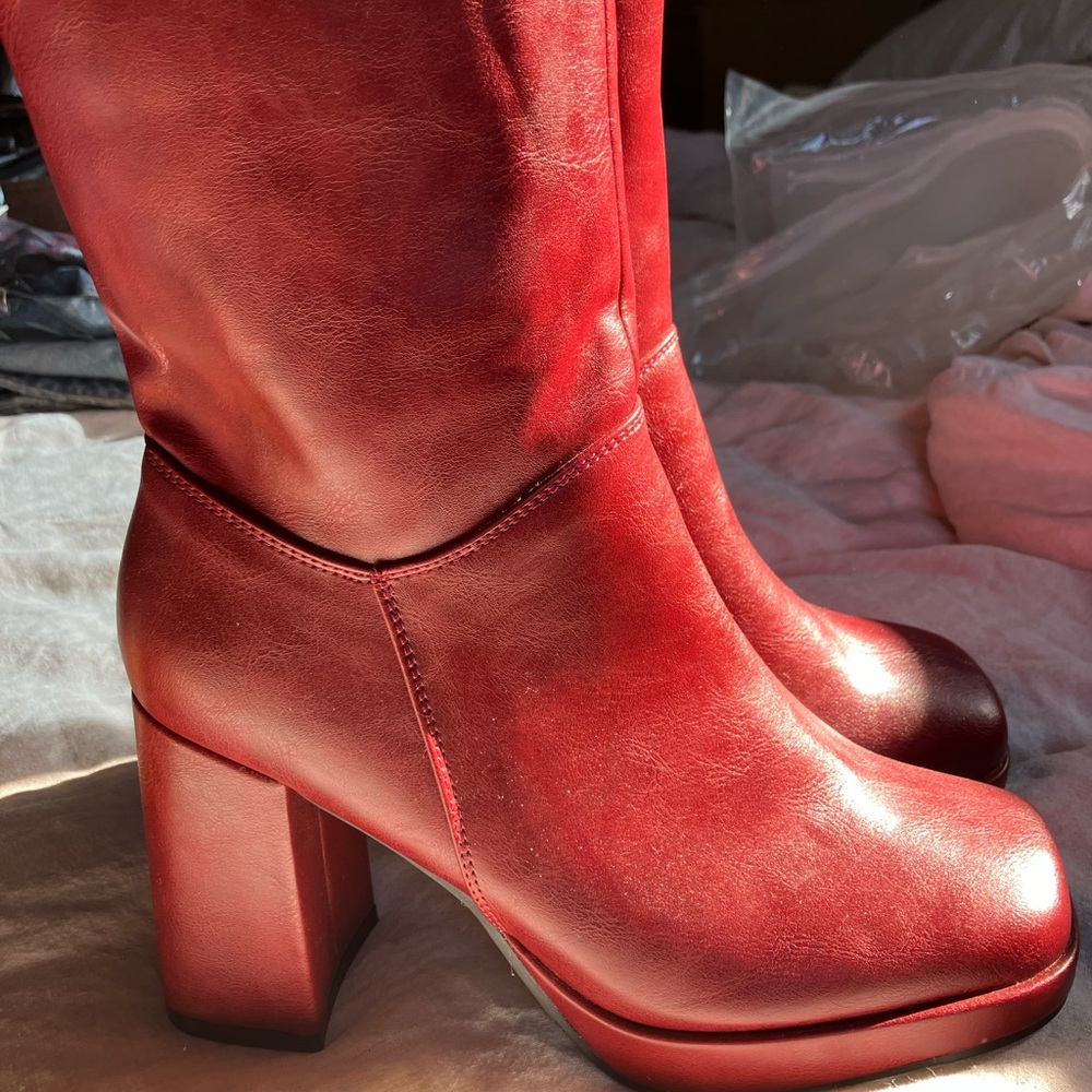 Women’s Red Platform Block Heel Boots